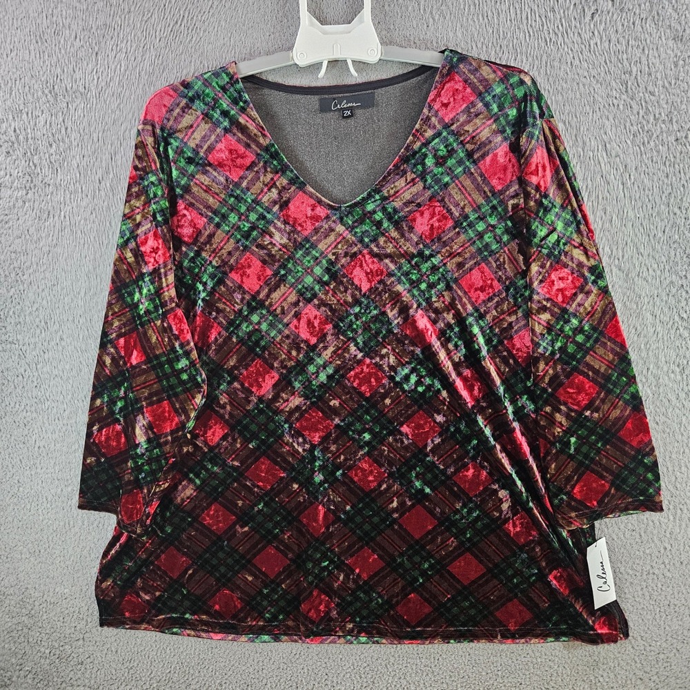 Calesa Womens 2X Red Green Plaid Velvet V-Neck 3/4 Sleeve Top Blouse NEW